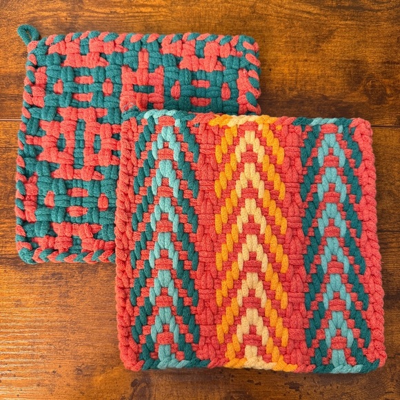 2 Cottage Kitchen Handmade Potholder Cotton Loom Hot Pad Trivet 8x8 Boho Gift - Picture 1 of 6